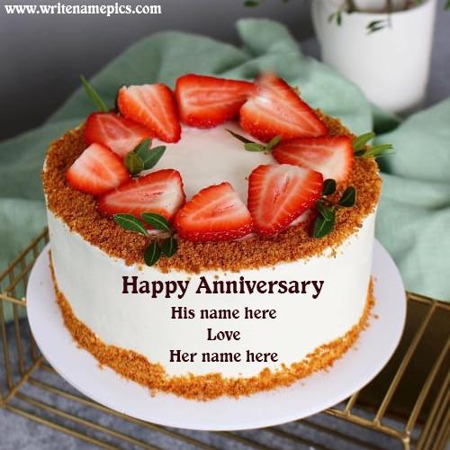 Anniversary Strawberry Cake Greeting Image with Name Edit