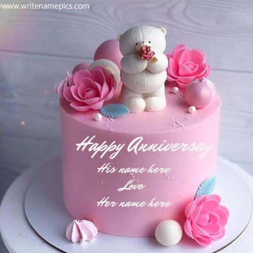 Beautiful Pink Rose and Teddy Anniversary Cake with Name
