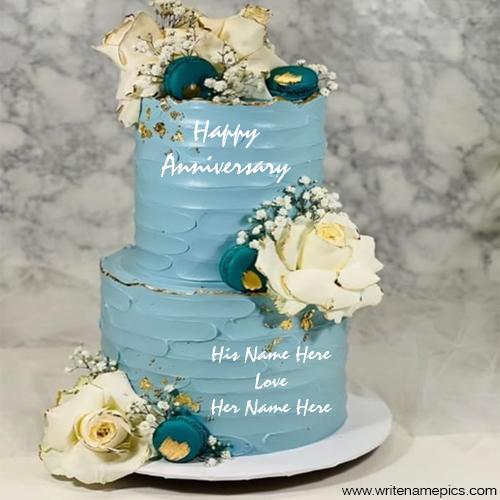Happy Anniversary Sky Blue and Rose Cake with Name of Couple