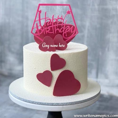 Happy Birthday Pink and white cake with Name Edit Online