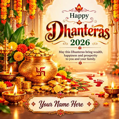 Happy Dhanteras 2026 Wishes Card with Name Free Online
