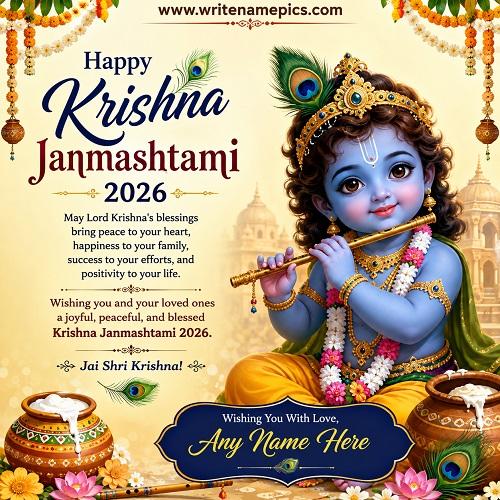 Happy Krishna Janmashtami 2026 Wishes Card with Name