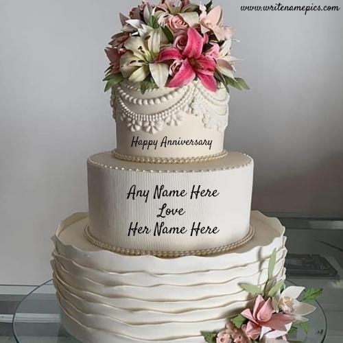 Happy anniversary big cake with full of flowers card with couple name