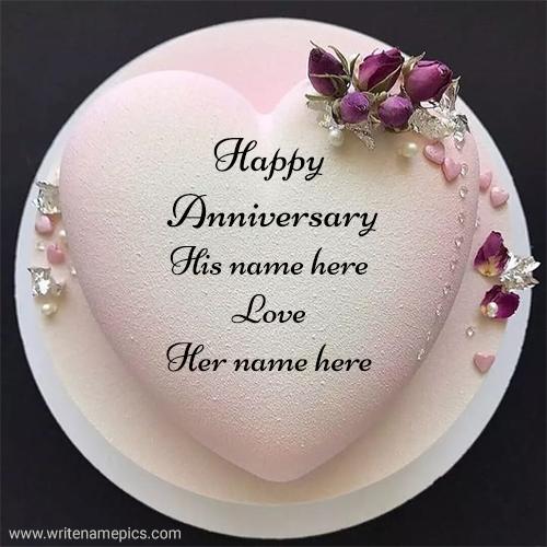 Happy anniversary classy pink heart cake image with couple name