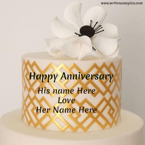 Happy anniversary white cake with couple name editor
