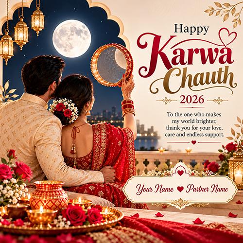 Karwa Chauth 2026 Wishes with Couple Name ree Greeting Card