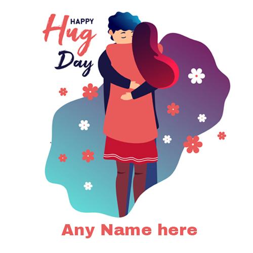 Make happy hug day card with name photo