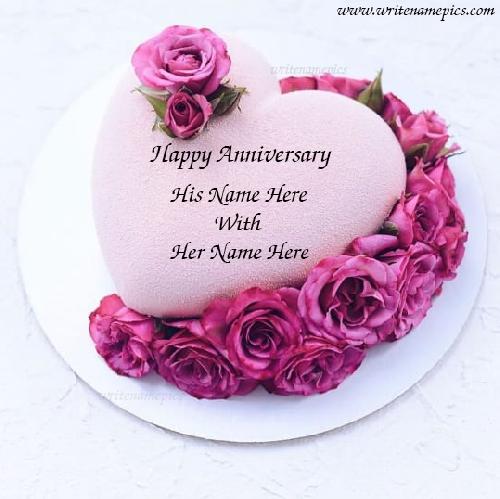 Pink Rose Heart Shape Anniversary Cake With Name