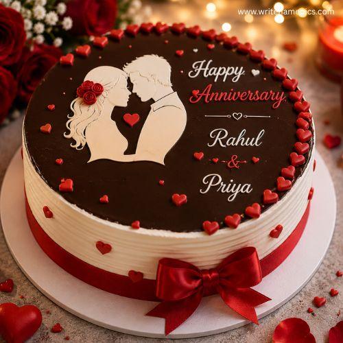 Romantic Anniversary Cake with Name for Husband and Wife Free Online