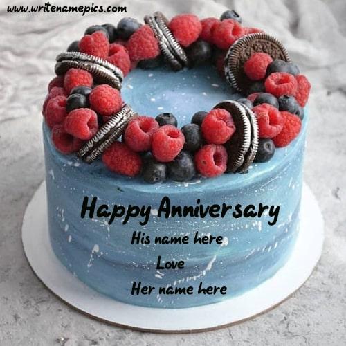 Sky Blue Berry Anniversary Cake with Name of Couple