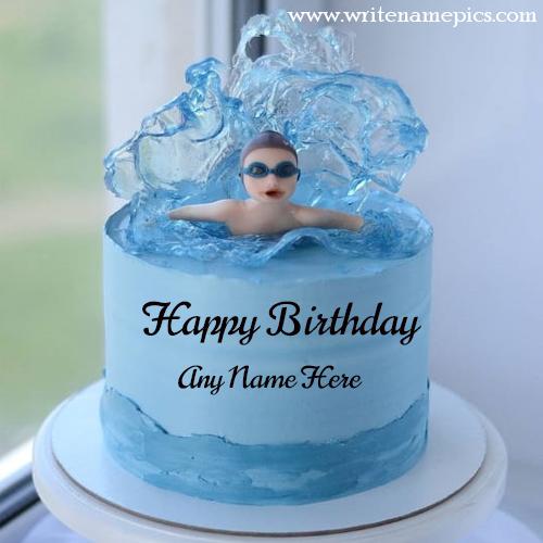 Swimming Blue Happy Birthday Cake with name for child