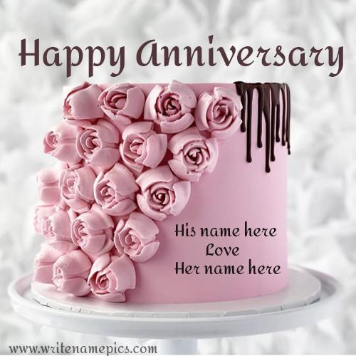 Write Name on Beautiful Pink Colored Rose Cake for Anniversary