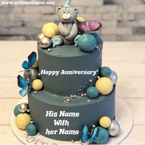 Write a name of couple on Anniversary Cake