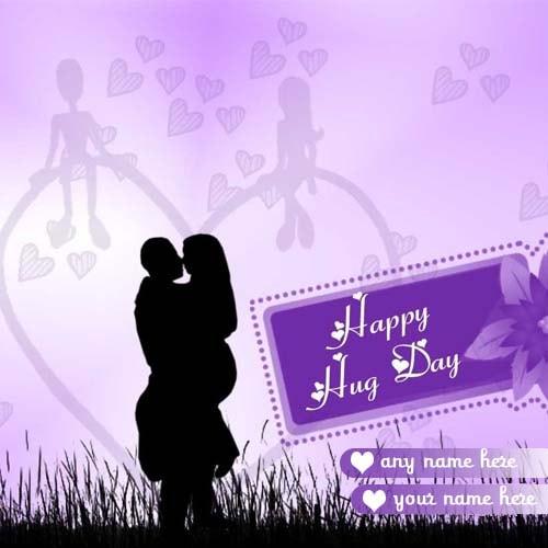 couple name on hug day wishes cards