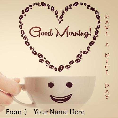 good morning wishes greeting card with smiley face and coffee cup
