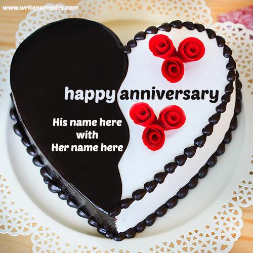 happy anniversary heart shape cake with couple name edit