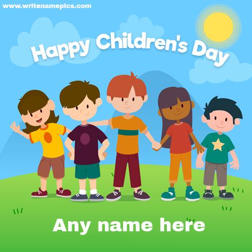 happy childrens day greeting card with name