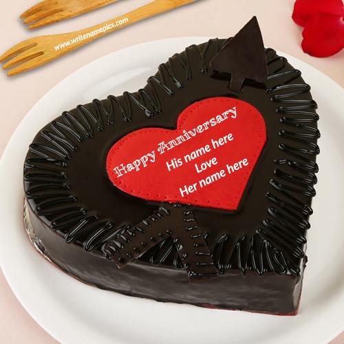 love heart chocolate anniversary cake with name edit