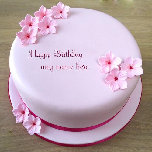 write name on beautiful pink flowers birthday cake photo