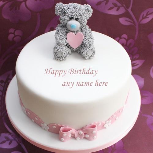 write your name on happy birthday cute teddy bear cake pic
