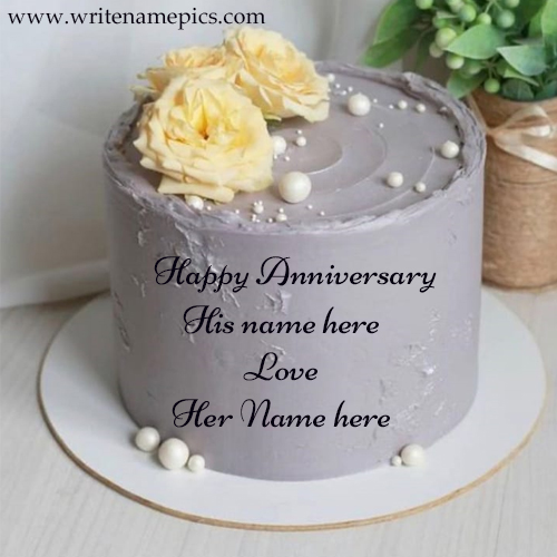 Anniversary Gray Colour Flower Aura Cake With Couple Name