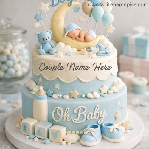 Baby Girl and Baby Boy Shower Cake with Name Online Maker Free Editor