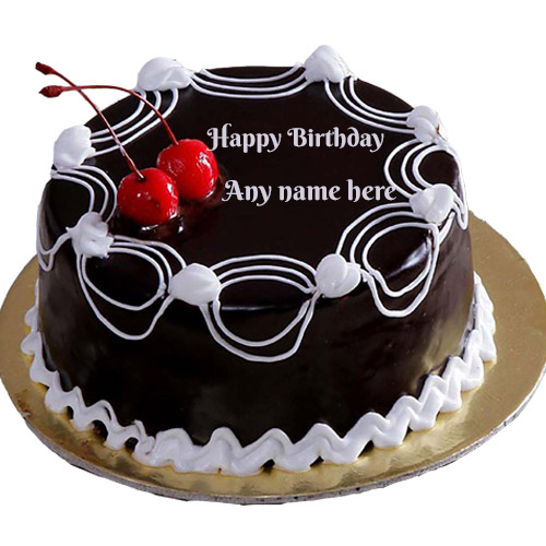 Beautiful black chocolate and cherry cake with name