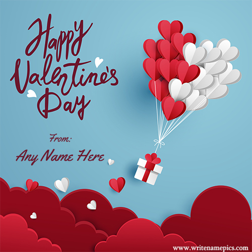 Customized Happy Valentines Day Greeting Card with Name Blue Sky and Heart Balloons