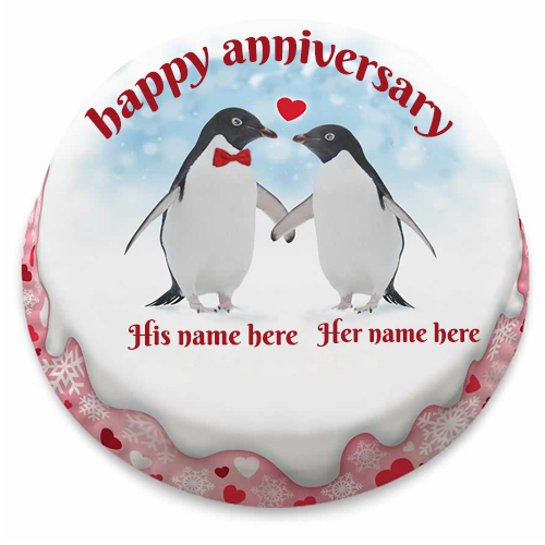 Happy Anniversary Couple Penguins Cake With Name