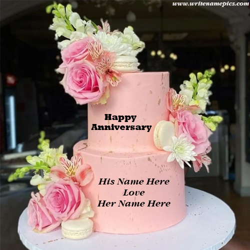 Happy Anniversary pink cake with name of couple