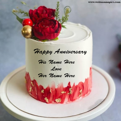 Happy Anniversary white and red cake with name of couple