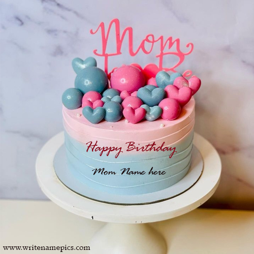 Happy Birthday Mom Blue and pink wish cake with name