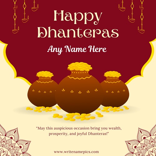 Happy Dhanteras 2025 Wishes Card with Name Free Customization Online