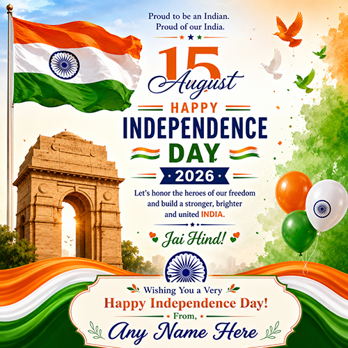 Happy Independence Day 2026 Card with Name Free Download 15 August Wishes