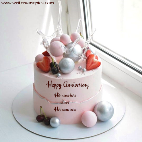 Happy anniversary pink cake with couple name edit