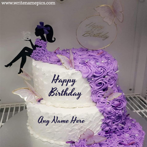 Happy birthday purple and white doll cake with name
