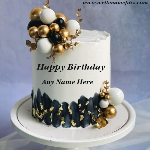 Happy birthday white and gold cake with name