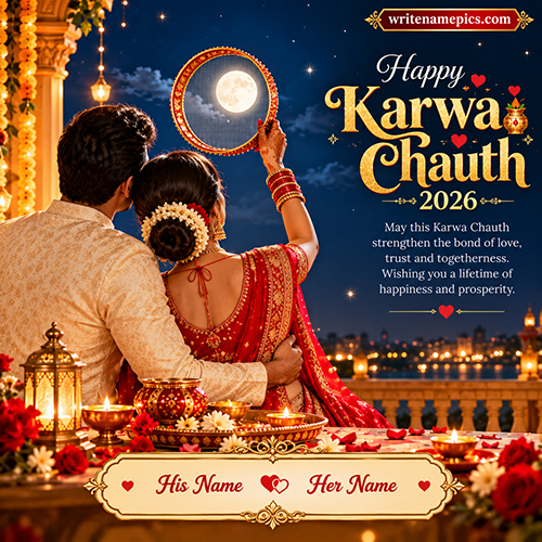 Karwa Chauth 2026 Wishes Card with Couple Name Free Online