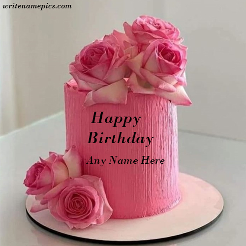 Lovely Pink Rose Birthday Cake with Name Edit