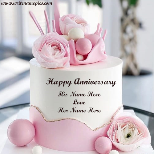 Lovely Pink Rose Cake for Anniversary with Name Pic
