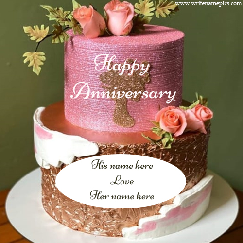 Pink Rose Beautiful Anniversary Cake with Couple Name