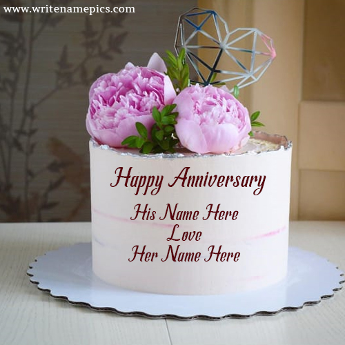 Pink Rose happy Anniversary Cake with Name